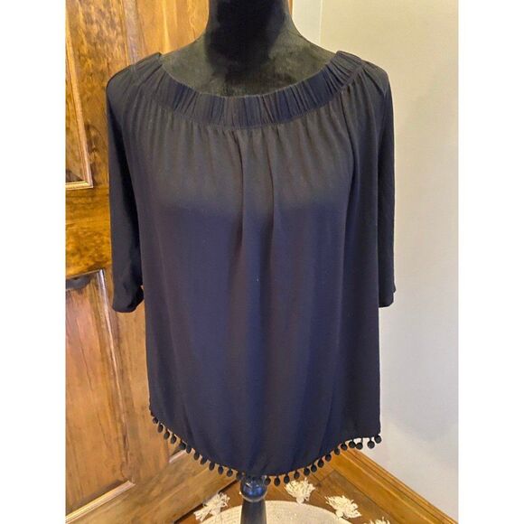 Pebble & Rose? Womens Black Plus Sz 2X Off Shoulder Stretch Top Blouse Pom Pom - Picture 2 of 9